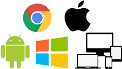 Logos for Chromebook, Macbook, Windows, Android, Laptop, Desktop and Tablet.