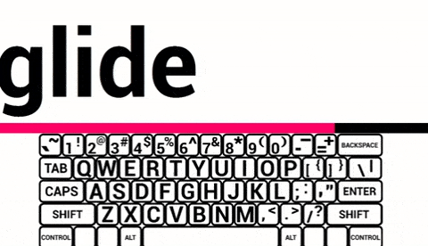 Animated graphic of the Typio visual keyboard option. It displays the word Glide being typed, with each keypress highlighting a letter in the word and lighting up a keyboard key on screen.