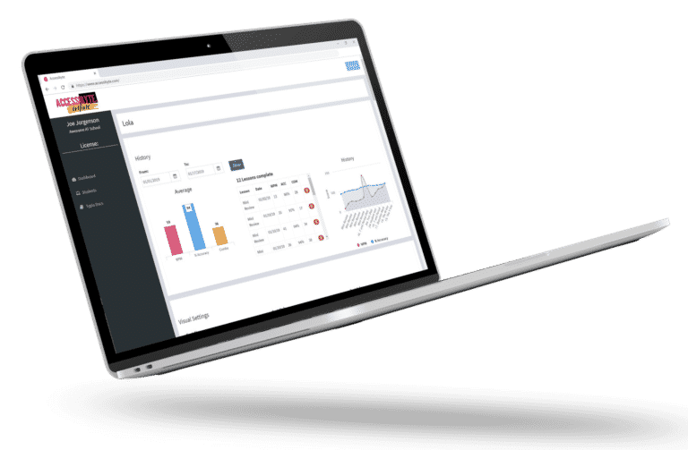 Laptop logged into Teacher Dashboard showing bar charts, graphs and table of non-descript typing lesson results