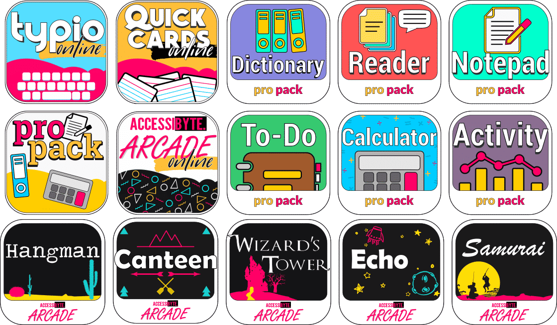 Accessibyte Online app icons for 15 apps. Typio, quick cards, propack, arcade, reader, activtiy, to-do, dictionary, encyclopedia, notepad, samurai, canteen, echo, hangman, wizards tower