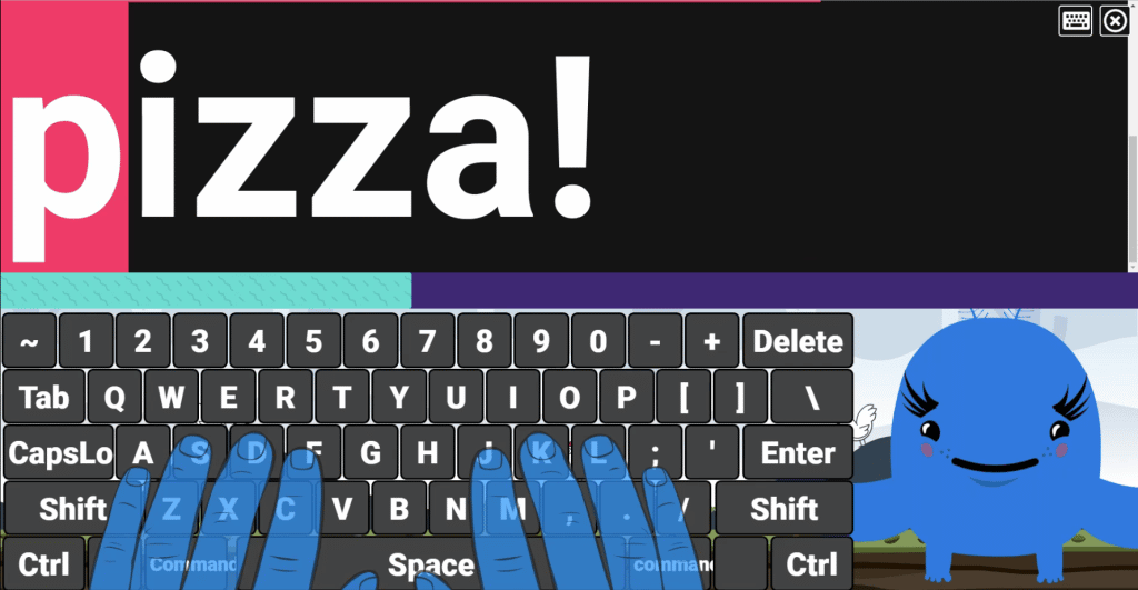 Typio screenshot showing 'pizza!' typing prompt, keyboard hands and typing pet.