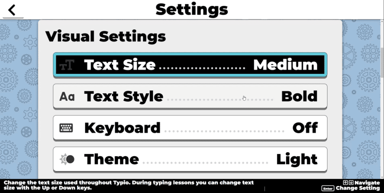 Typio settings screen showing text size, text style, keyboard, theme options.