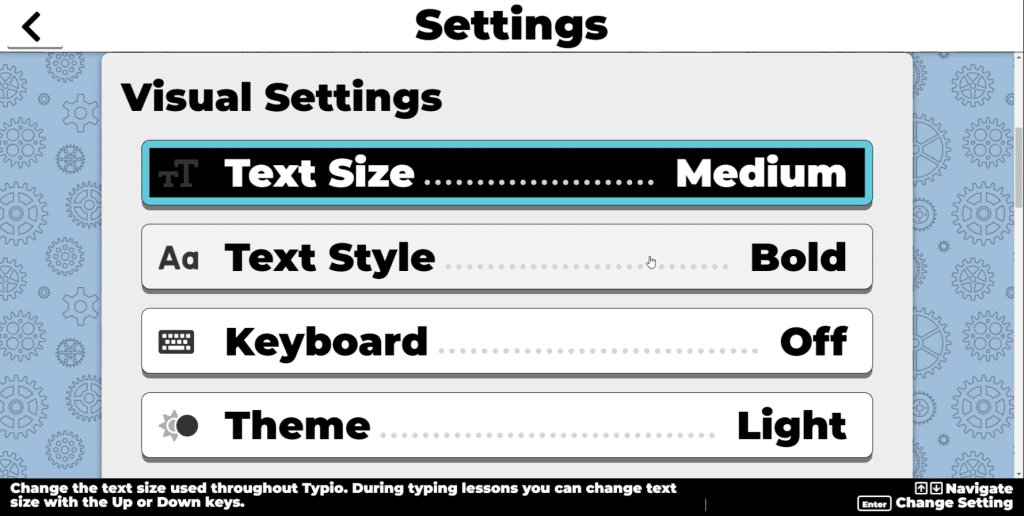 Typing Settings showing text size, text style, keyboard and color theme settings.