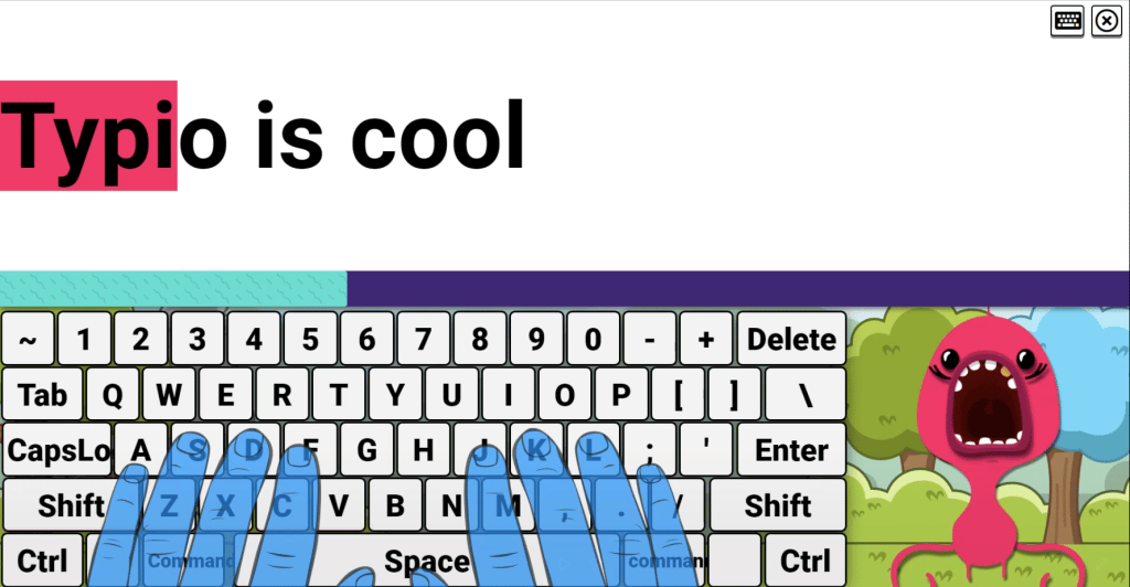 Typio lesson showing 'Typio is cool' prompt, keyboard, hands and typing pet.