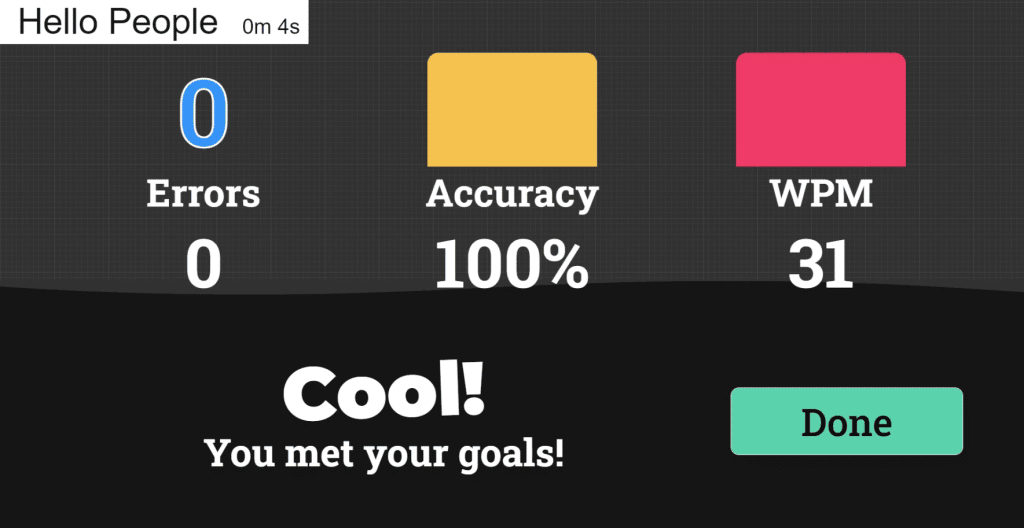 Typio score screen showing errors, accuracy and WPM