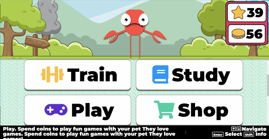 Typing Pet menu showing options for Train Study Play Shop in large bold text