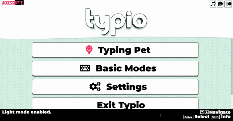 Typio title screen with light thememe