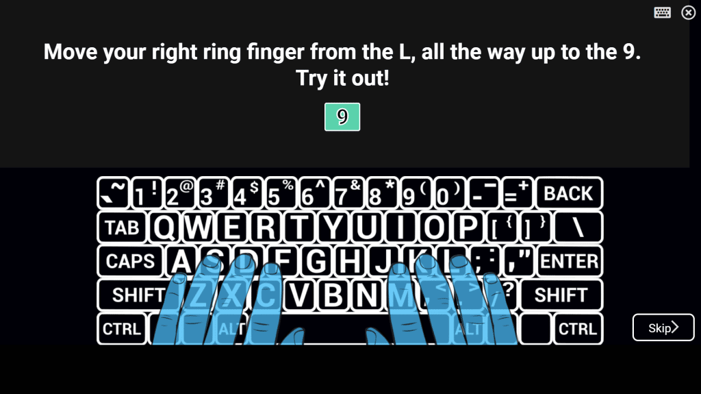 Screenshot of tutorial screen showing how to type the 9 key.