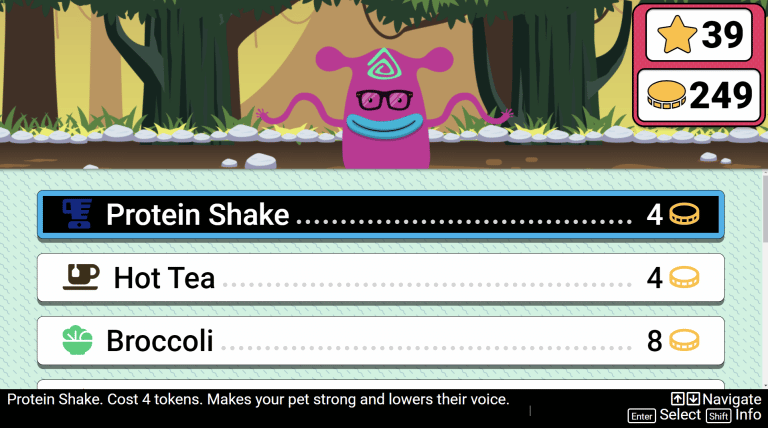 Typio - Typing pet screen showing typing pet buying protein shake item.