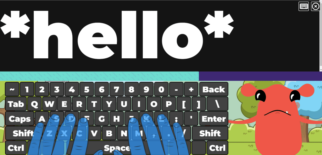 Typio lesson for world Hello with keyboard, hands and typing pet