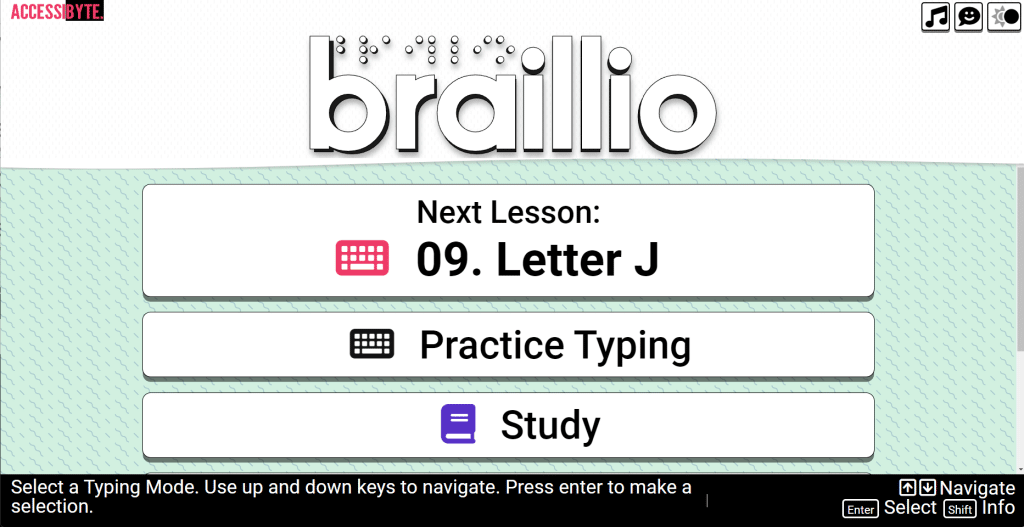 Braillio title screen showing next lessons is letter jet, practice typing, study modes