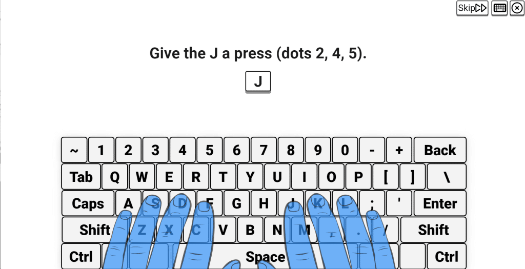 Braillio tutorial showing dots 2, 4, 5 for the J