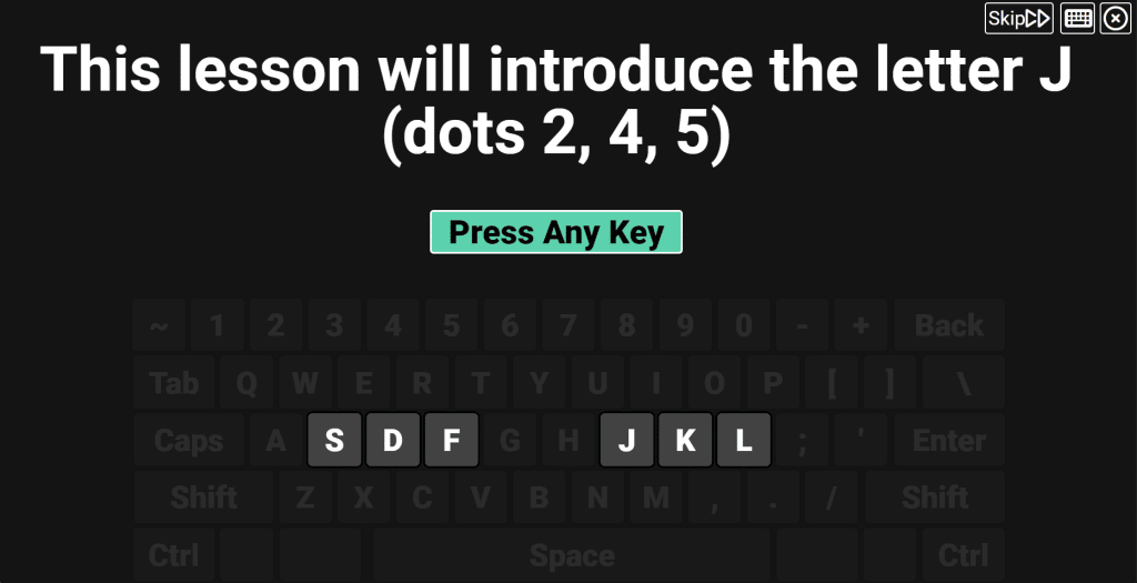 Braillio tutorial showing to press dots 2, 4, 5 for J.