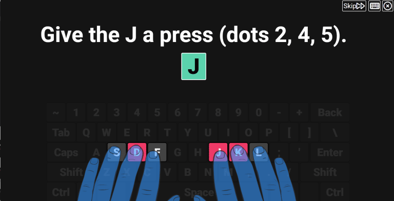 screenshot of braillio tutorial showing to give the j a press, dots 2 4 5 including typing hands and keyboard