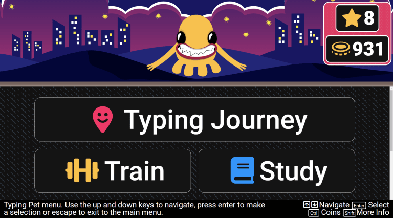 Typing Pet screen showing options for typing journey, train and study