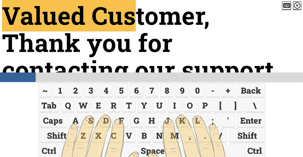 Screenshot of Typio Pro showing light color theme with typing hands and keyboard and typing prompt reading 'Valued Customer, Thank you for contacting our support".