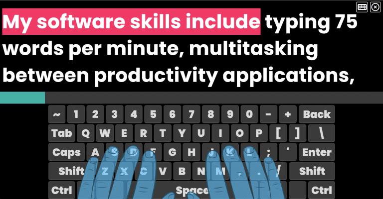 Screenshot of Typio Pro showing dark color theme with typing hands and keyboard and typing prompt reading 'My software skills included typing 75 words per minute, multitasking between productivity applications,".