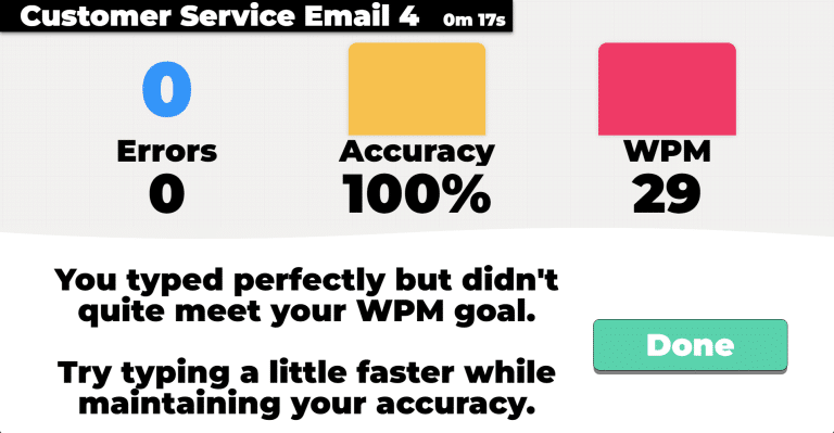 Typio score screen, showing 0 errors, 100% accuracy and 29 WPM for 'Resume Objects 4'. Coaching text says 'You typed perfectly but didn't meet your PM goal. Try typing a little faster while maintaining your accuracy."