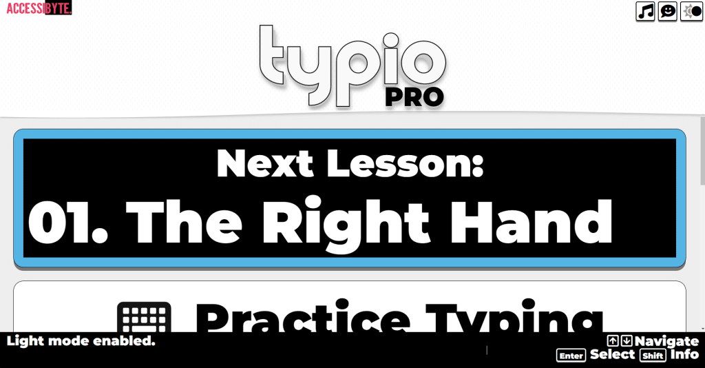 Typio Pro title screen showing a button that says 'Next Lesson: 01. The Right Hand'.