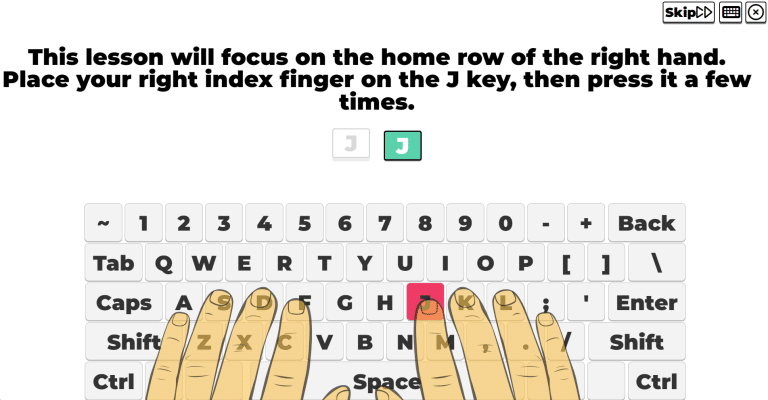 Typio pro tutorial showing instructions, keyboard and hands for learning the J key. Says 'this lesson will focus on the home row of the right hand. Place your index finger on the J key, then press it a couple times.'