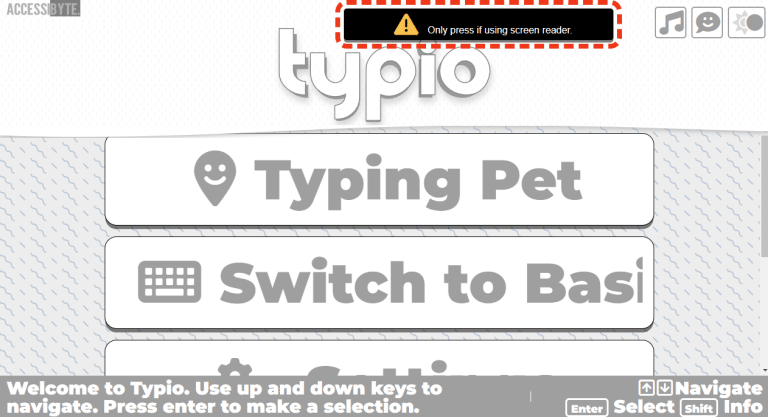 Typio title screen showing Screen Reader Mode Button
