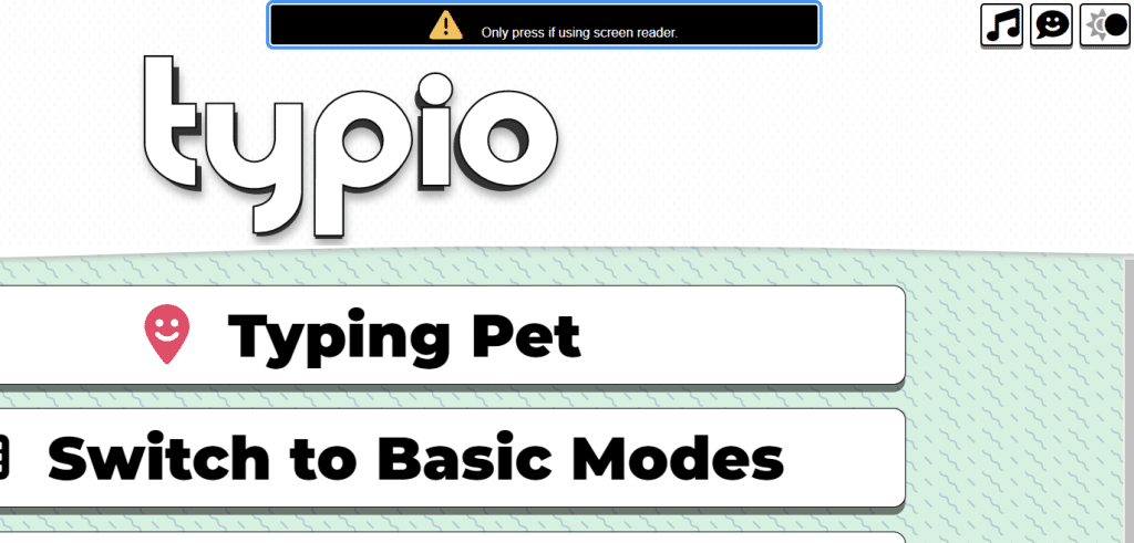 Typio title screen with 'Screen reader mode' button in focus at top of screen.