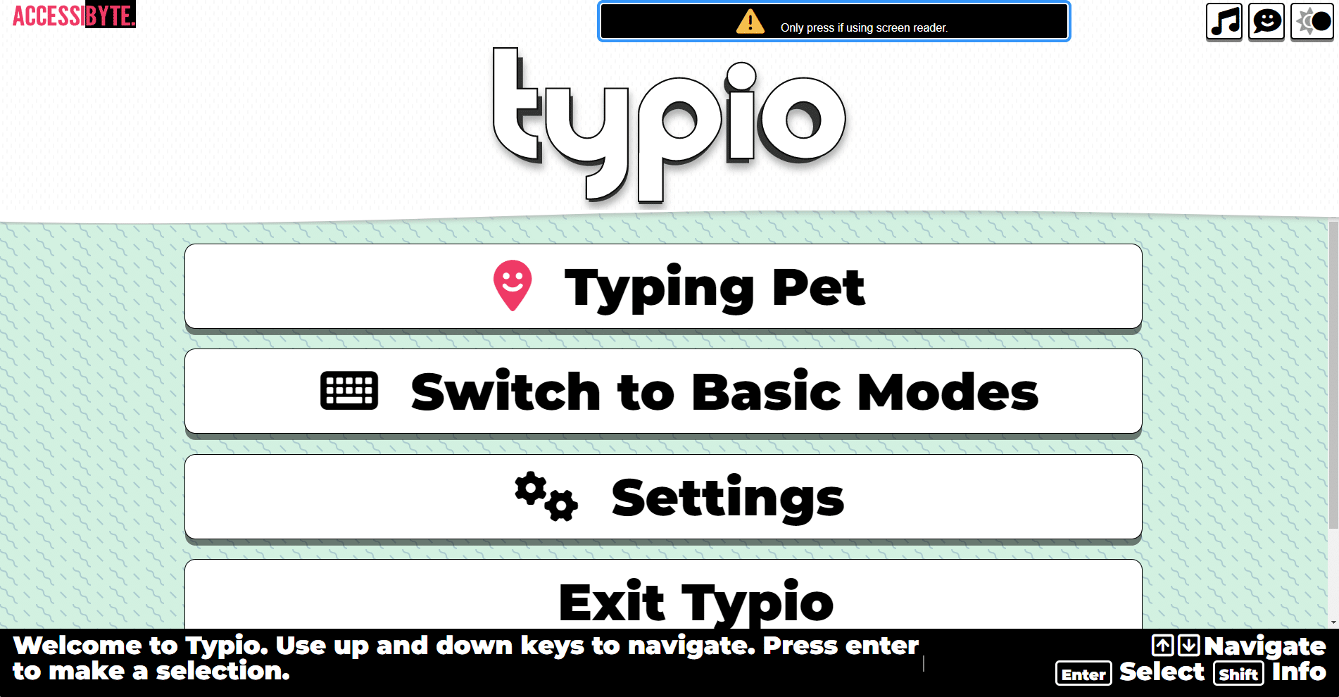 Typio title screen with 'Screen reader mode' button in focus at top of screen.