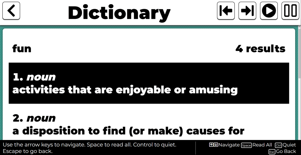 ProPack's dictionary app, showing definitions for the word Fun