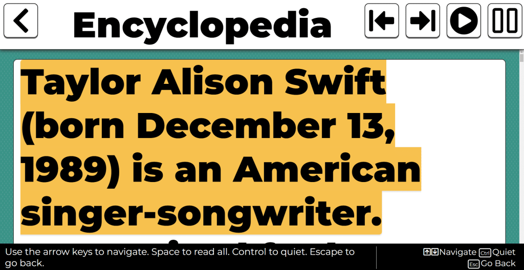 Screenshot of ProPack encyclopedia showing entry for taylor swift in large bold text