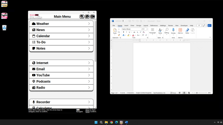 Windows desktop showing Accessibyte studio running in windowed mode along with Microsoft Word
