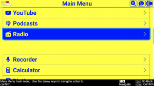 Screenshot of Accessibyte Studio main menu with Blue on Yellow color theme