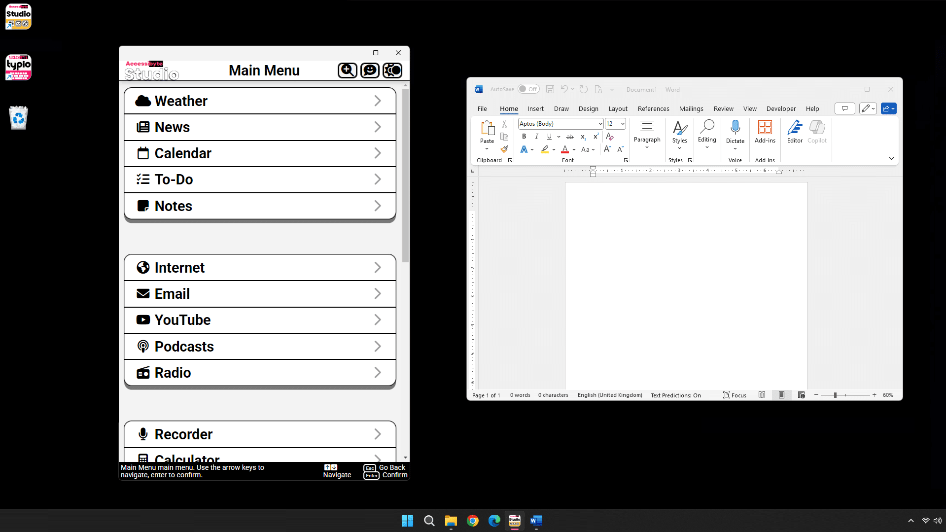 Windows desktop showing Accessibyte studio running in windowed mode along with Microsoft Word