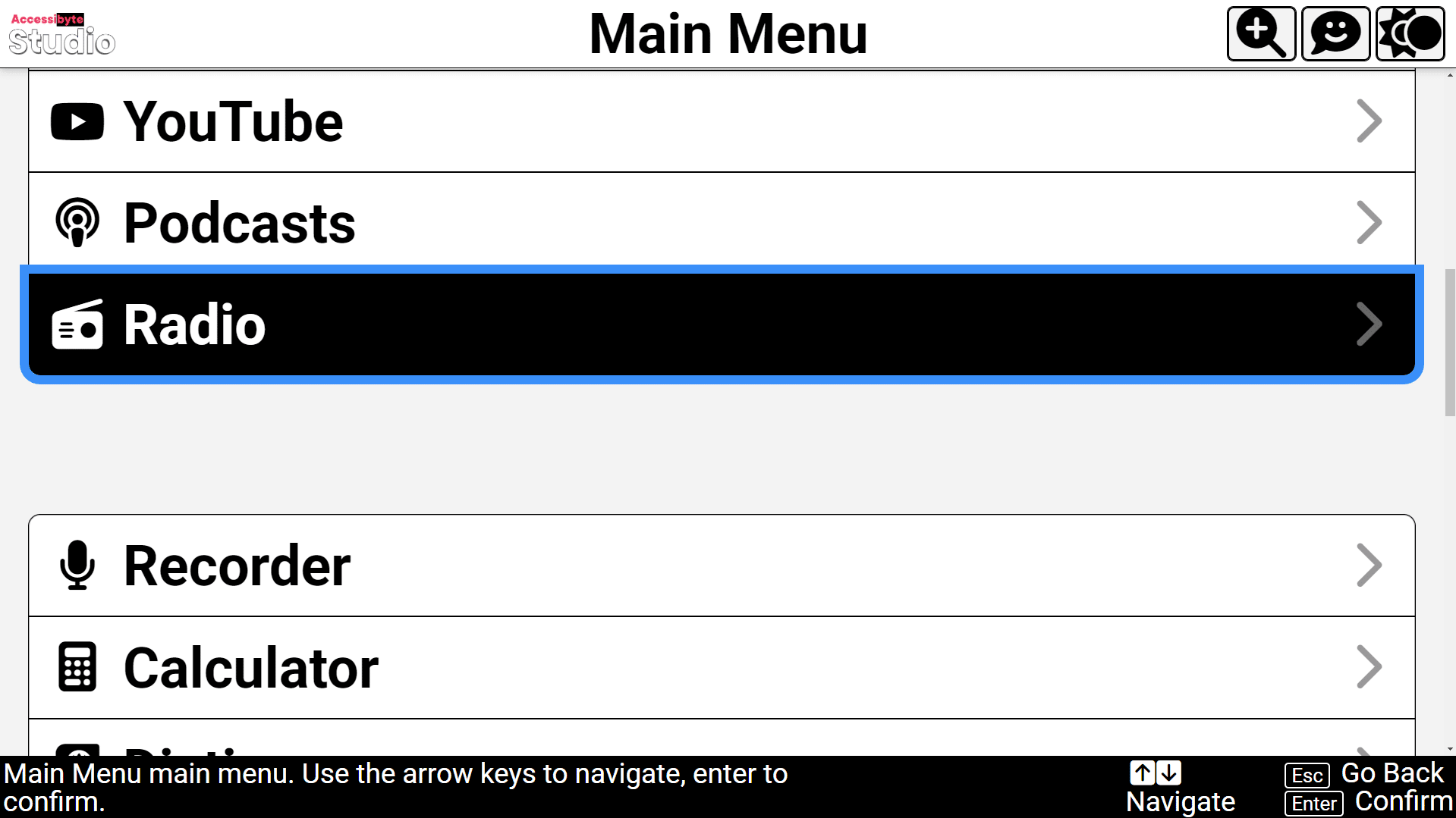 Accessibyte Studio main menu screenshot