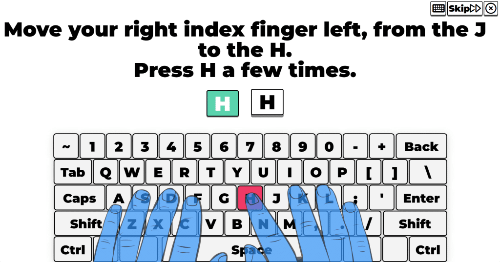 Typio tutorial screen showing hands on a keyboard and instructions saying "Move your right index finter to the left, from the J to the H key. Press it a few times."
