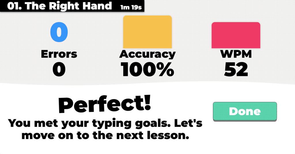 Typio score screen showing perfect score with 0 errors, 100% accuracy and 52 WPM