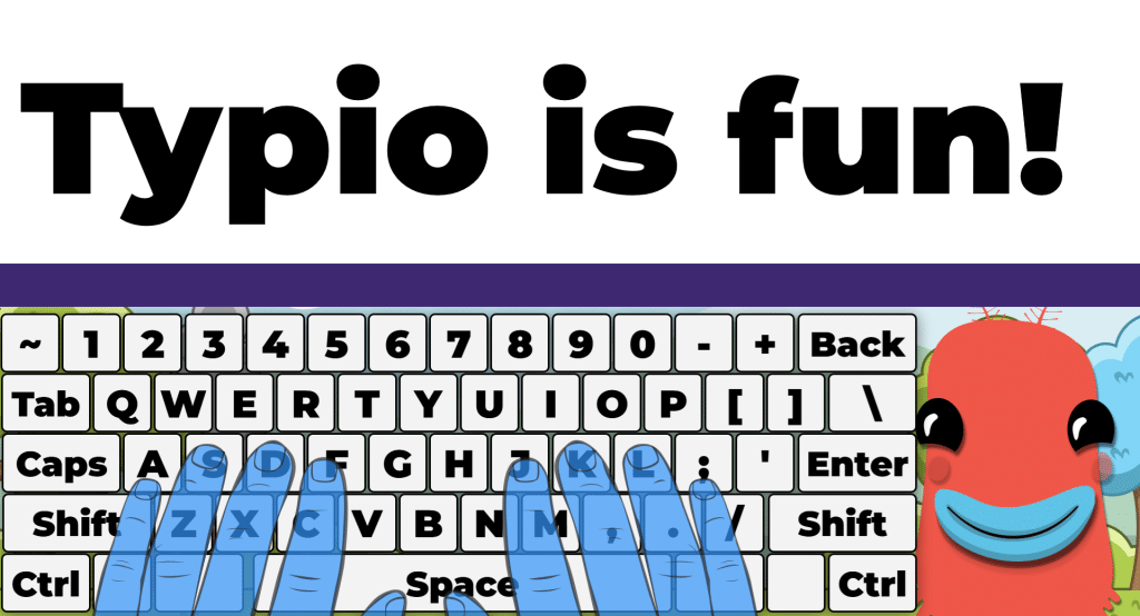 Typio screenshot showing hands on a keyboard and typing pet with text 'Typio is fun!'