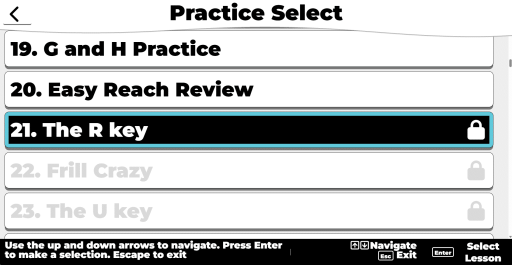 Screenshot of Typio unlearned key lesson list