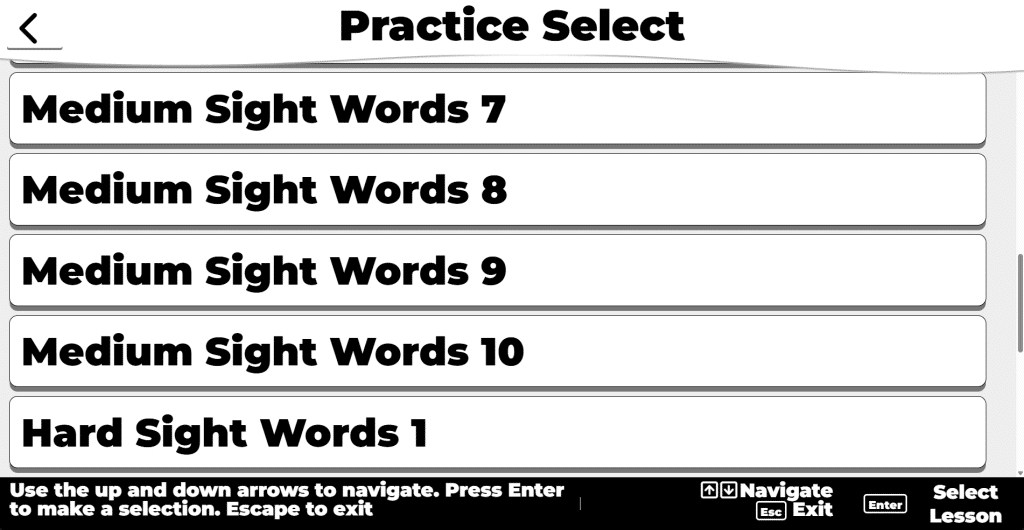 Screenshot of Typio Sight Words lesson list