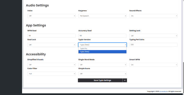 Teacher dashboard settings for Typio Pets and Typio Pro